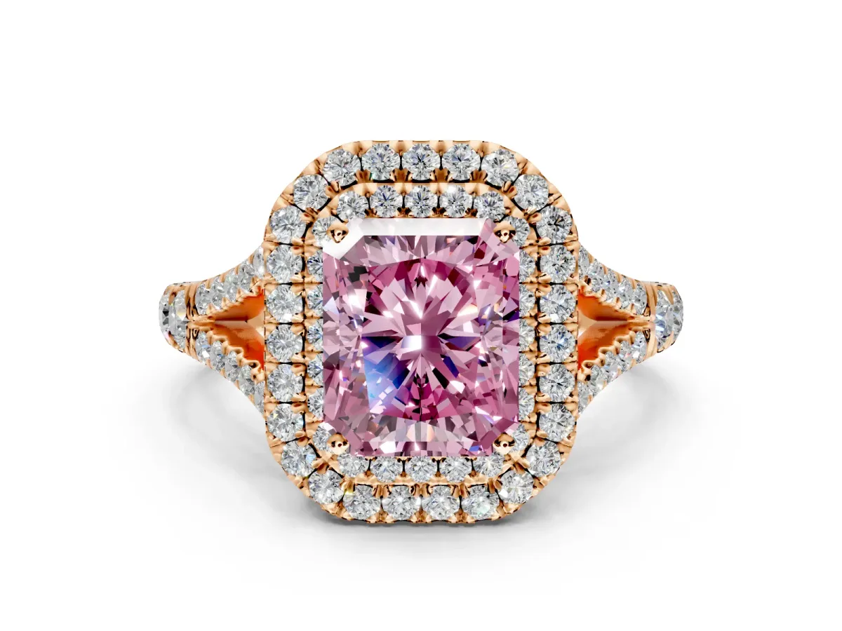 Double Halo Engagement Ring Setting for Fancy Pink Radiant Cut Center with Narrow Pave Split Shank and Prong Head in Rose Gold