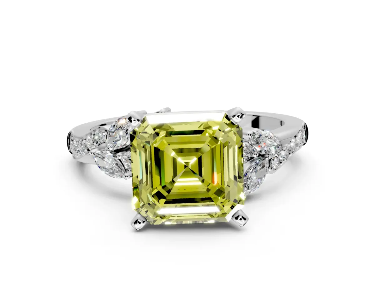 Solitaire Engagement Ring Setting for Fancy Yellow Asscher Cut Center with Marquise Accent Twist Band and Prong Head in White Gold