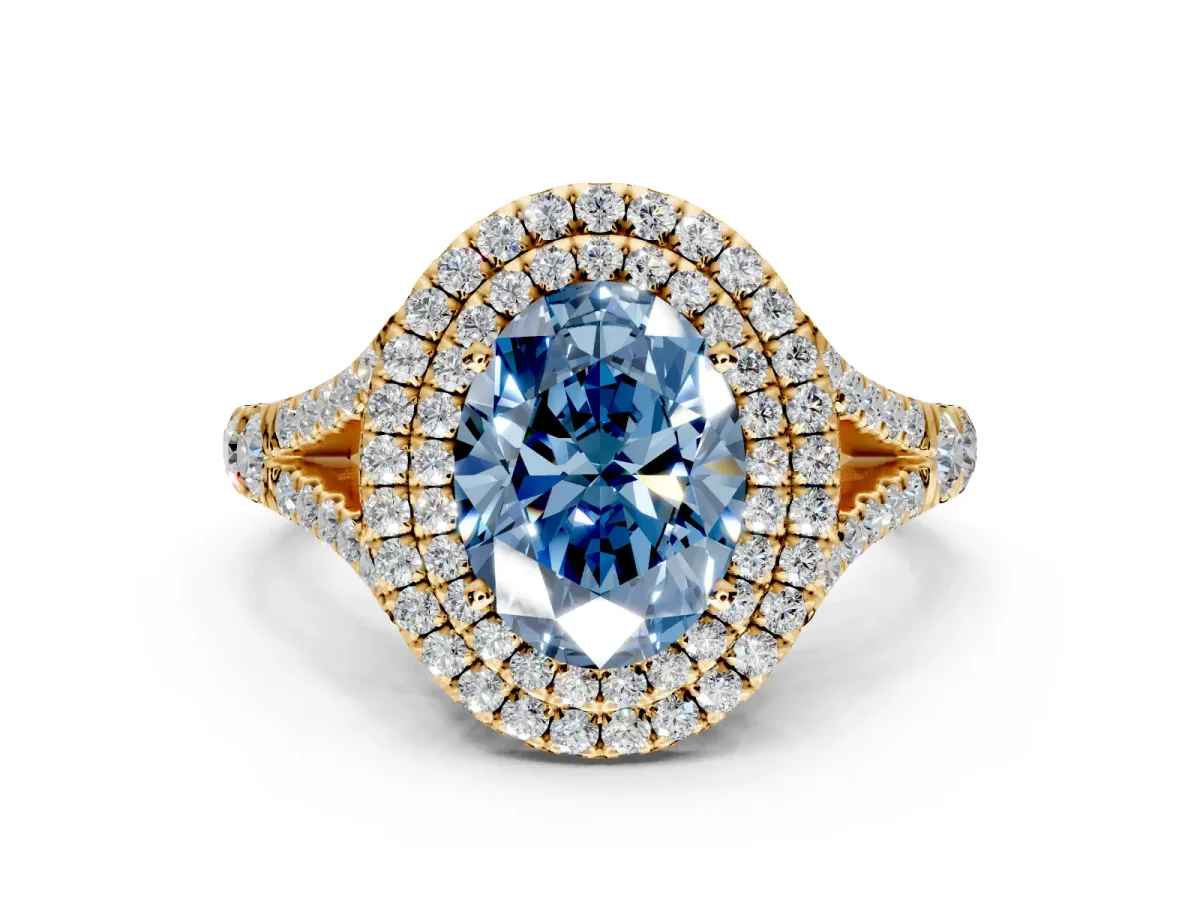 Double Halo Engagement Ring Setting for Fancy Blue Oval Center with Narrow Pave Split Shank and Prong Head in Yellow Gold