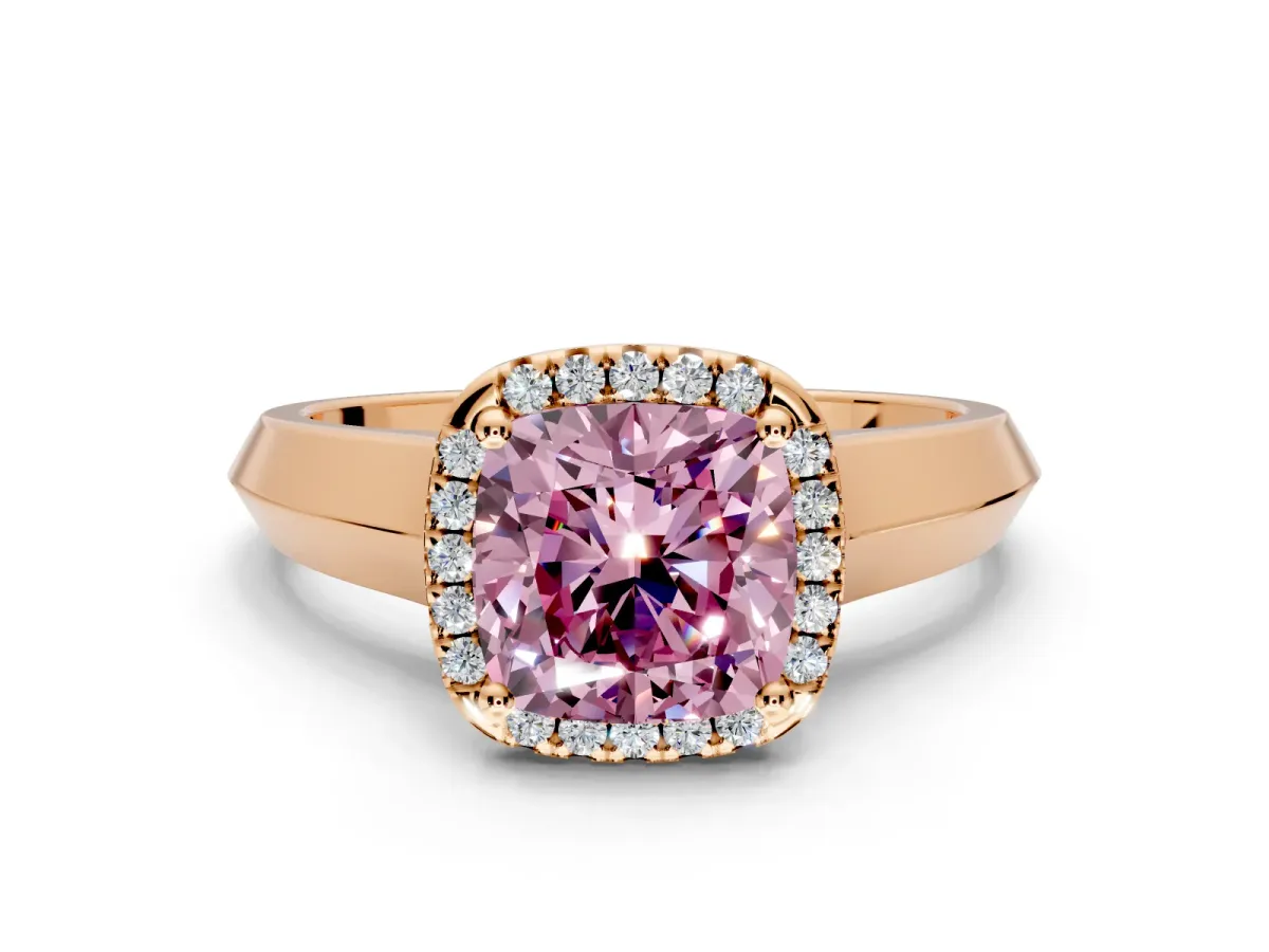 Halo Engagement Ring Setting for Fancy Pink Cushion Cut Center with Knife Ridge Cathedral Band and Prong Head in Rose Gold