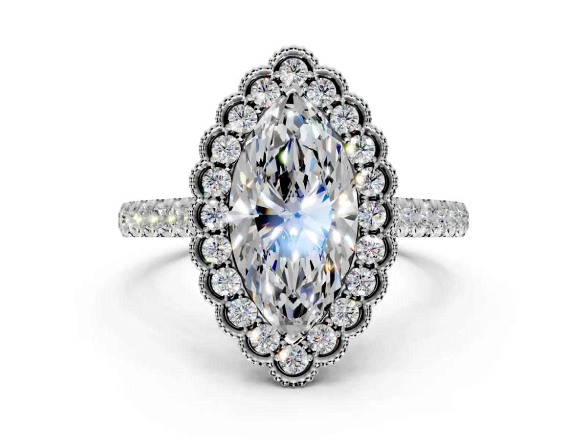 Milgrain Floral Halo Engagement Ring Setting for Marquise Center with Pave Band and Prong Head in Platinum