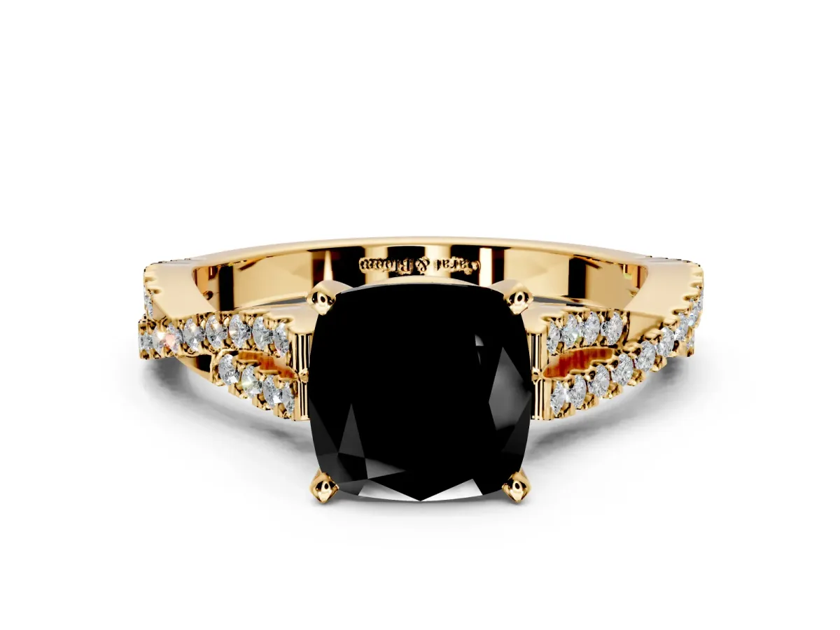 Solitaire Engagement Ring Setting for Fancy Black Cushion Cut Center with Twisted Pave Split Shank and Prong Head in Yellow Gold