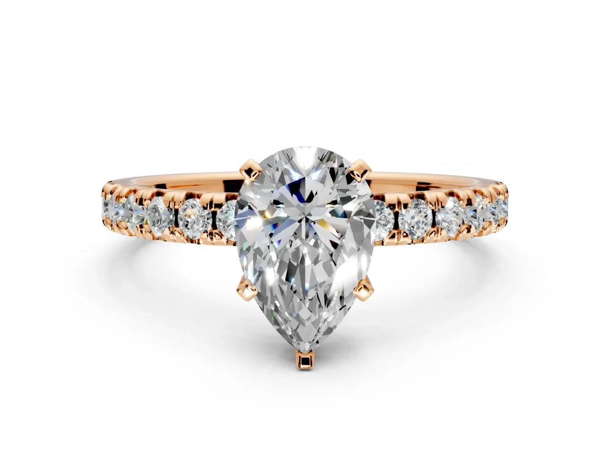 Solitaire Engagement Ring Setting for Pear-Shaped Center with Large Accents and Prong Head in Rose Gold