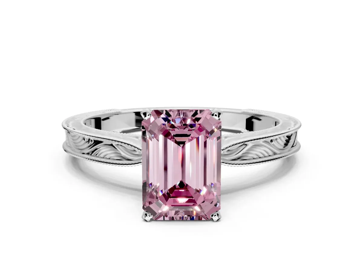 Solitaire Engagement Ring Setting for Fancy Pink Emerald Cut Center with Engraved Milgrain Band and Prong Head in Sterling Silver