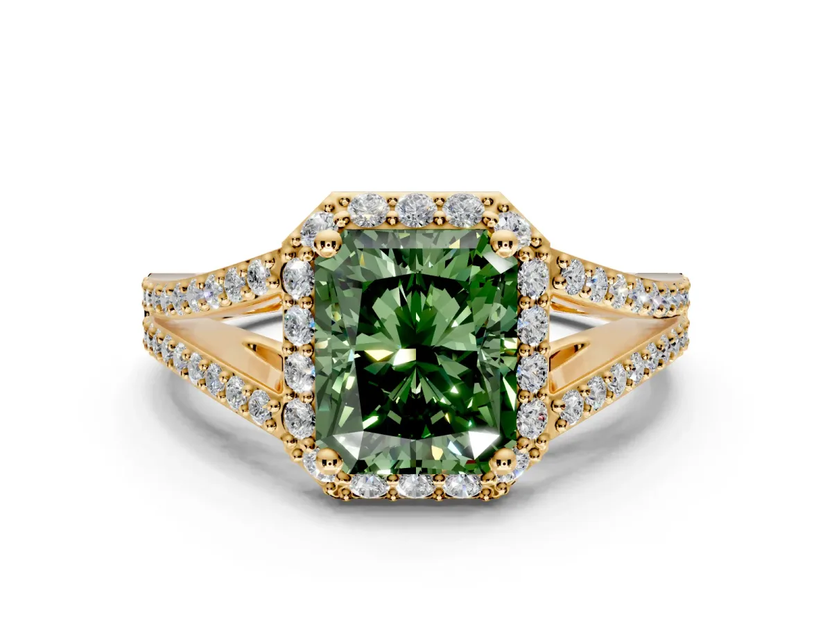 Halo Engagement Ring Setting for Fancy Green Radiant Cut Center with Pave Split Shank and Prong Head in Yellow Gold