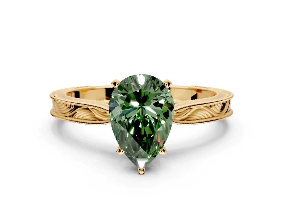 Solitaire Engagement Ring Setting for Fancy Green Pear-Shaped Center with Engraved Milgrain Band and Prong Head in Yellow Gold