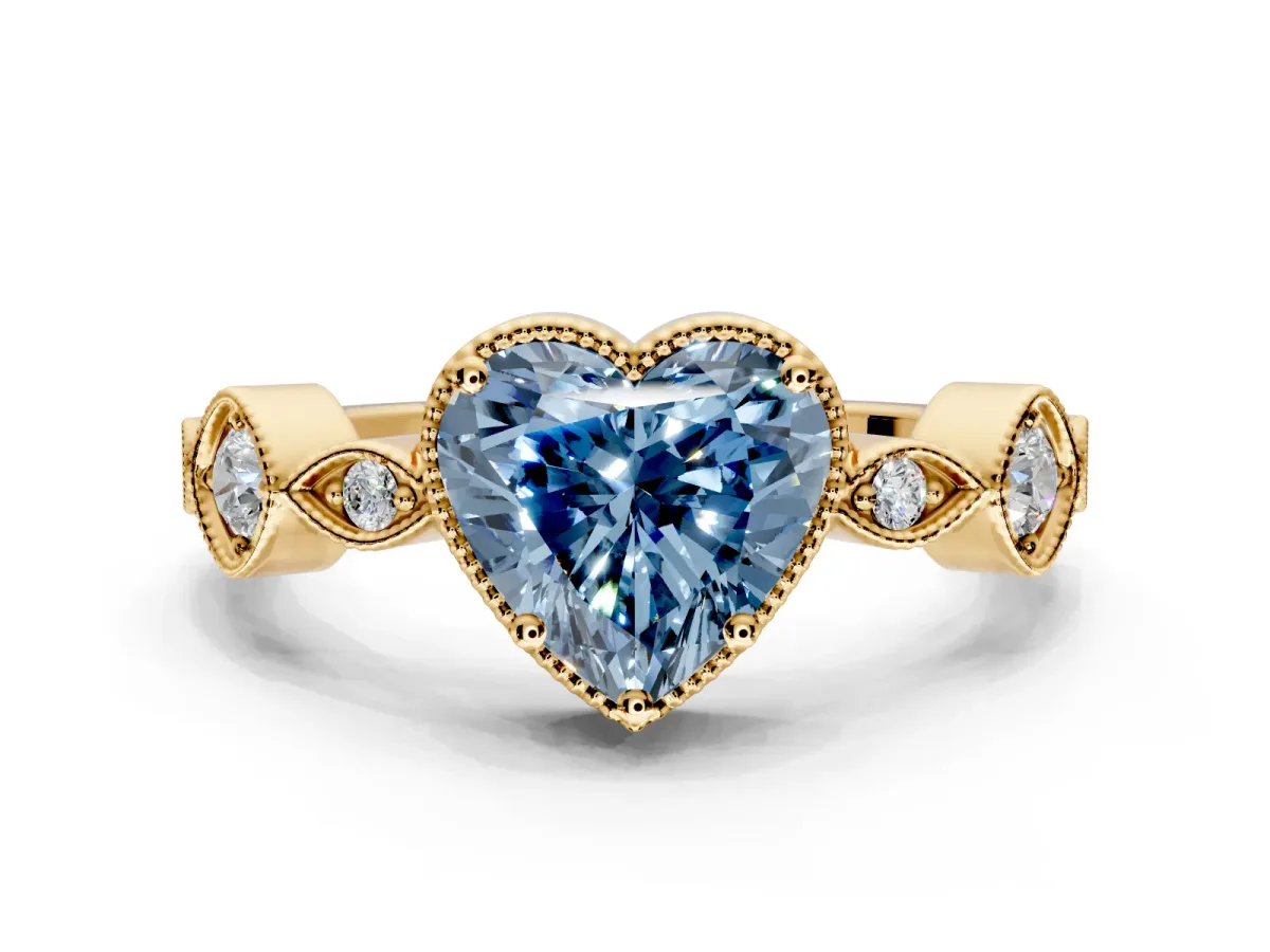 Vintage Station Engagement Ring Setting for Fancy Blue Heart-Shaped Center with Accents and Prong Head in Yellow Gold