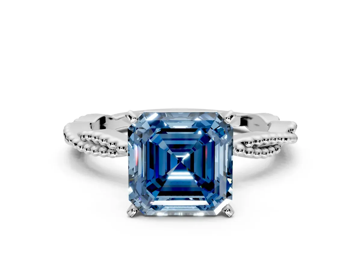 Solitaire Engagement Ring Setting for Fancy Blue Asscher Cut Center with Twist Band and Bead Prong Head in Sterling Silver