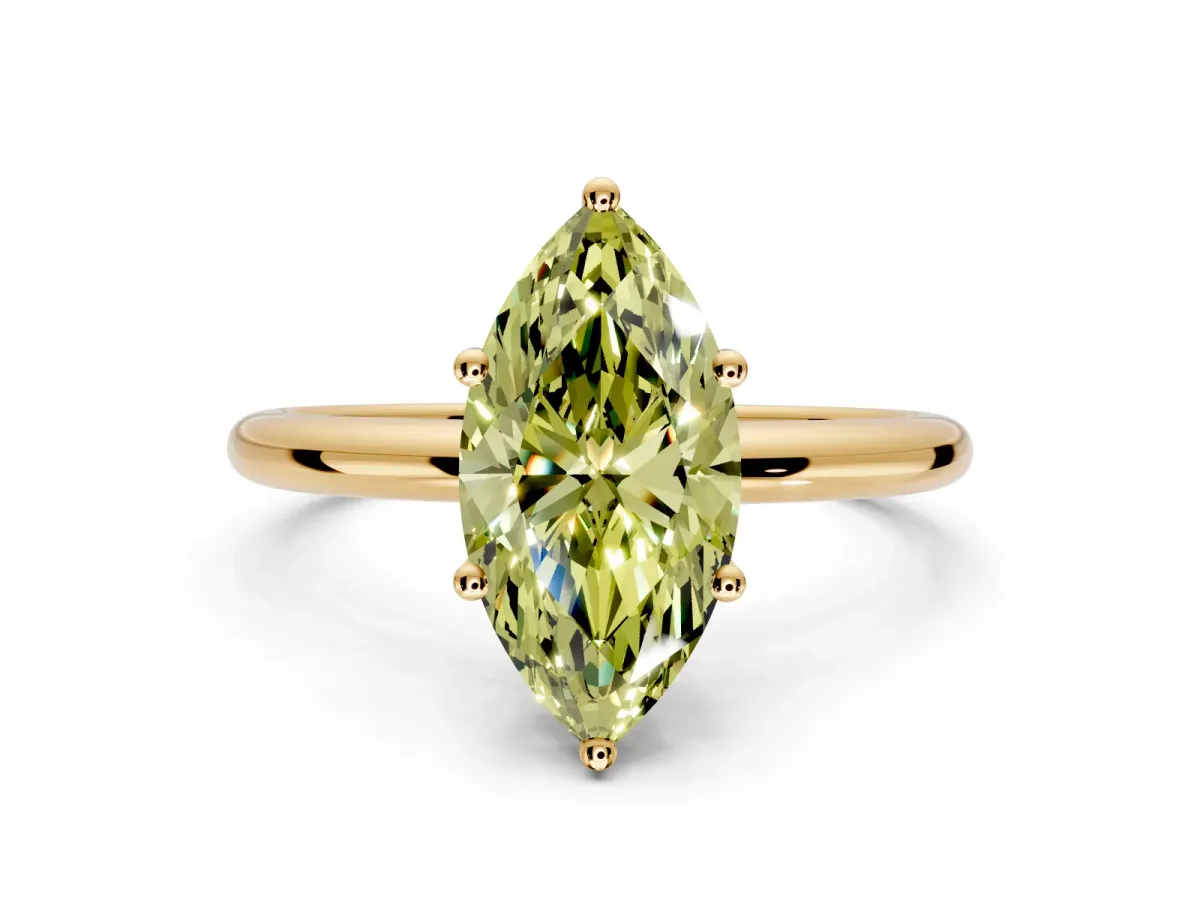 Hidden Halo Engagement Ring Setting for Fancy Yellow Marquise Center with Thin Round-Wire Band and Prong Head in Yellow Gold