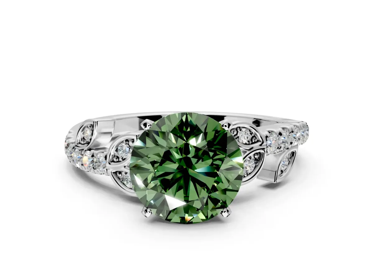 Leaf Motif Engagement Ring Setting for Fancy Green Round Cut Center with Pave Band and Prong Head in White Gold