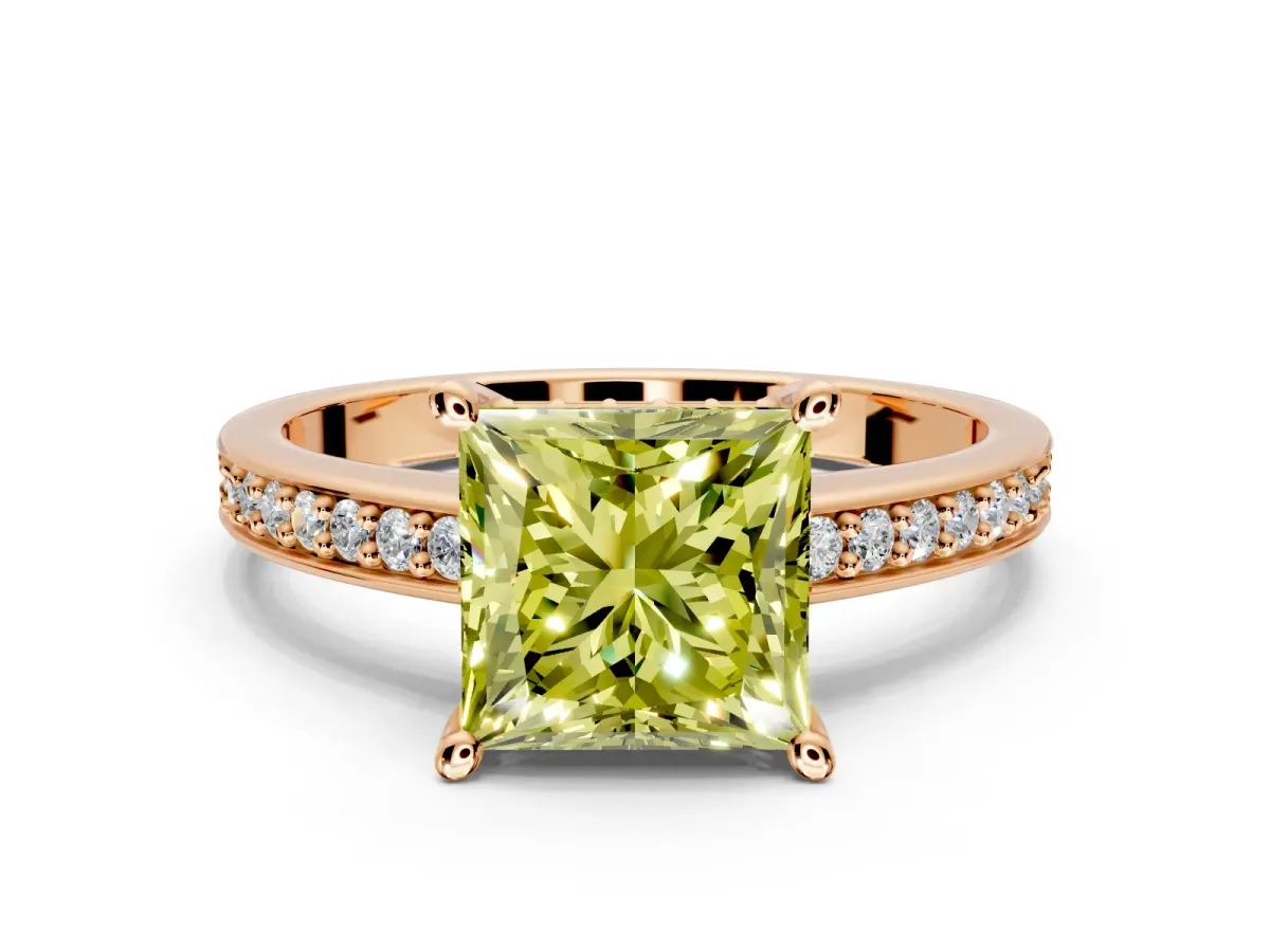 Solitaire Engagement Ring Setting for Fancy Yellow Princess Cut Center with Channel-Set Accent Band and Prong Head in Rose Gold
