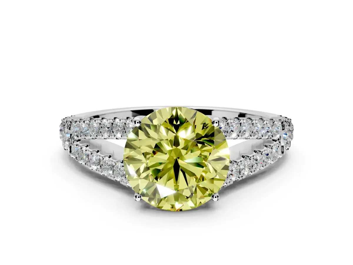Solitaire Engagement Ring Setting for Fancy Yellow Round Cut Center with Pave Split Shank and Prong Head in Sterling Silver