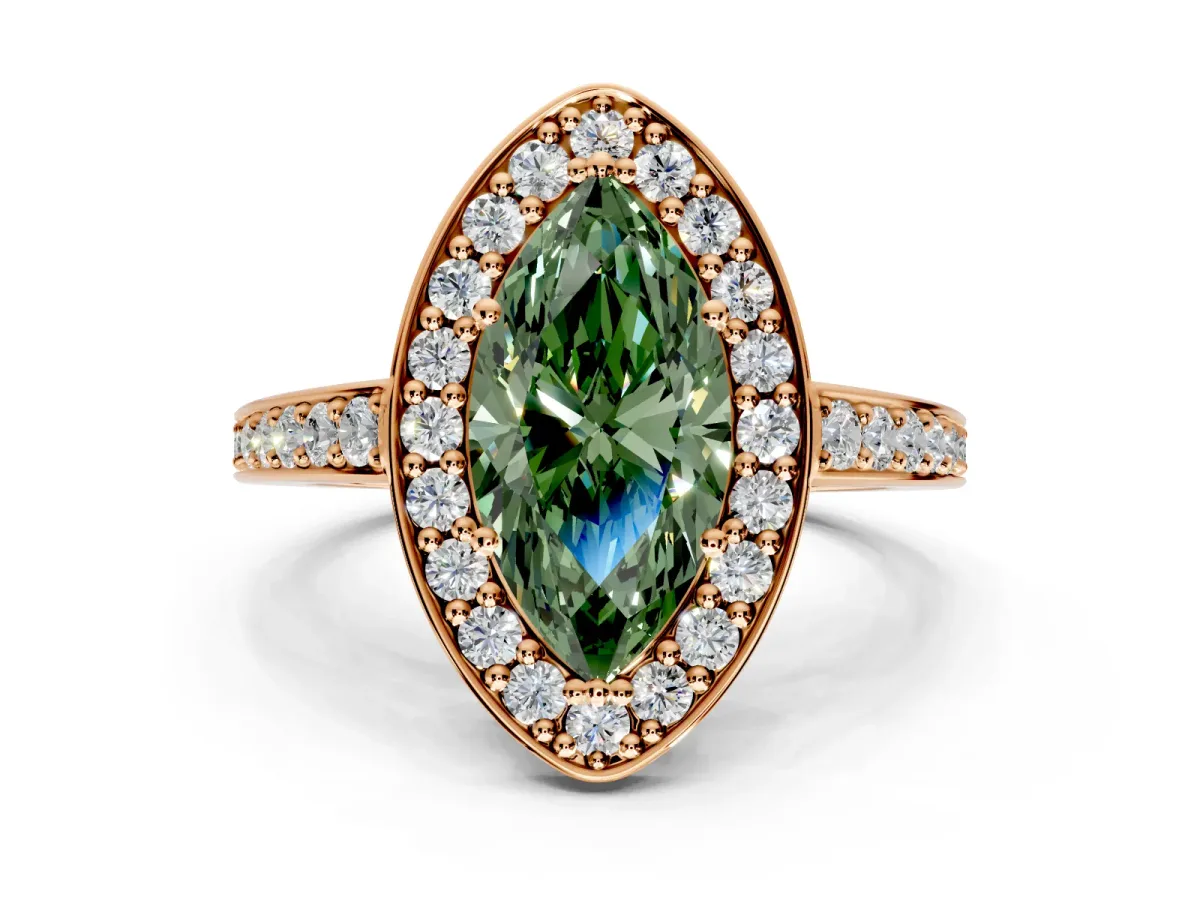Bezel-Framed Halo Engagement Ring Setting for Fancy Green Marquise Center with Pave Band and Prong Head in Rose Gold