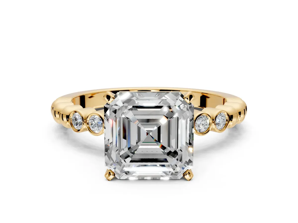 Solitaire Engagement Ring Setting for Asscher Cut Center with Bezel-Dot Beaded Band and Prong Head in Yellow Gold