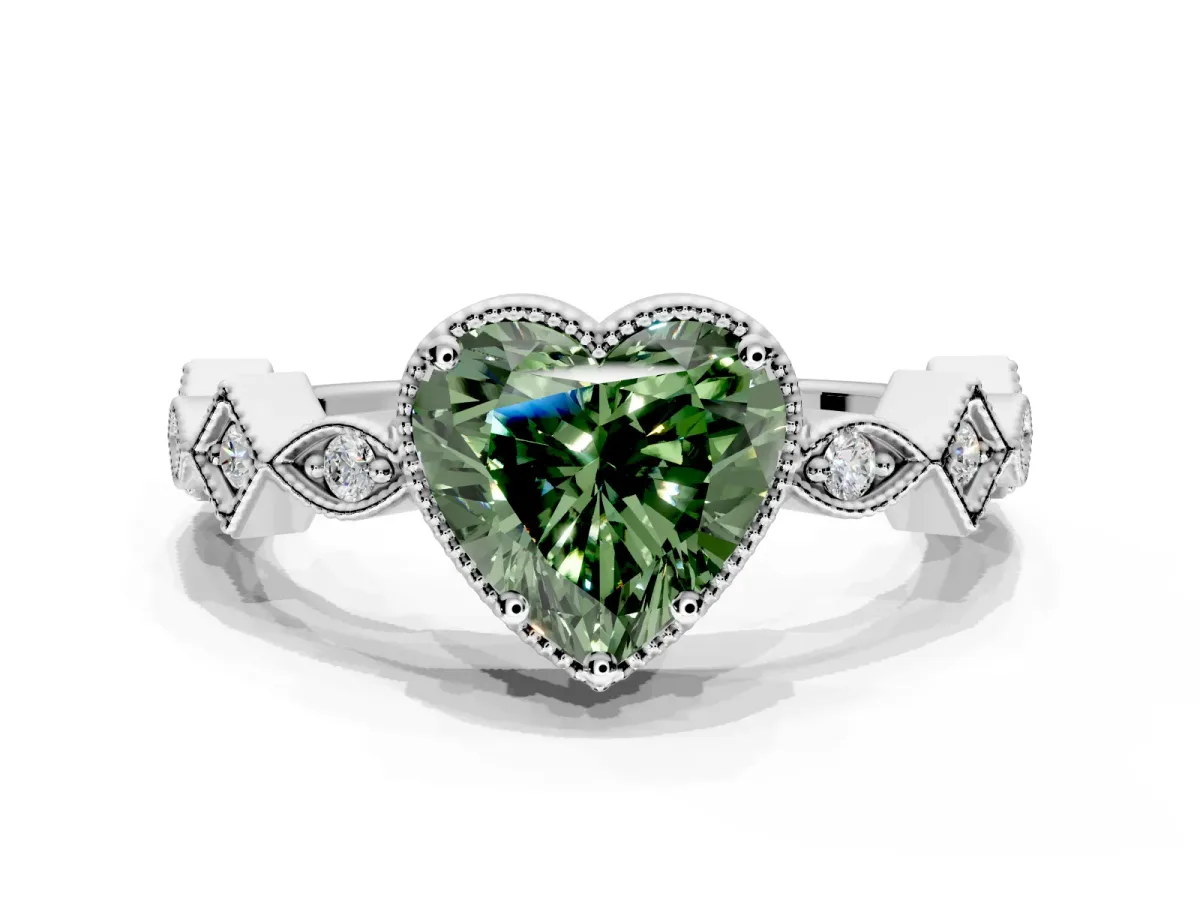 Milgrain Bezel Engagement Ring Setting for Fancy Green Heart-Shaped Center with Marquise Stations and Bezel Head in Platinum