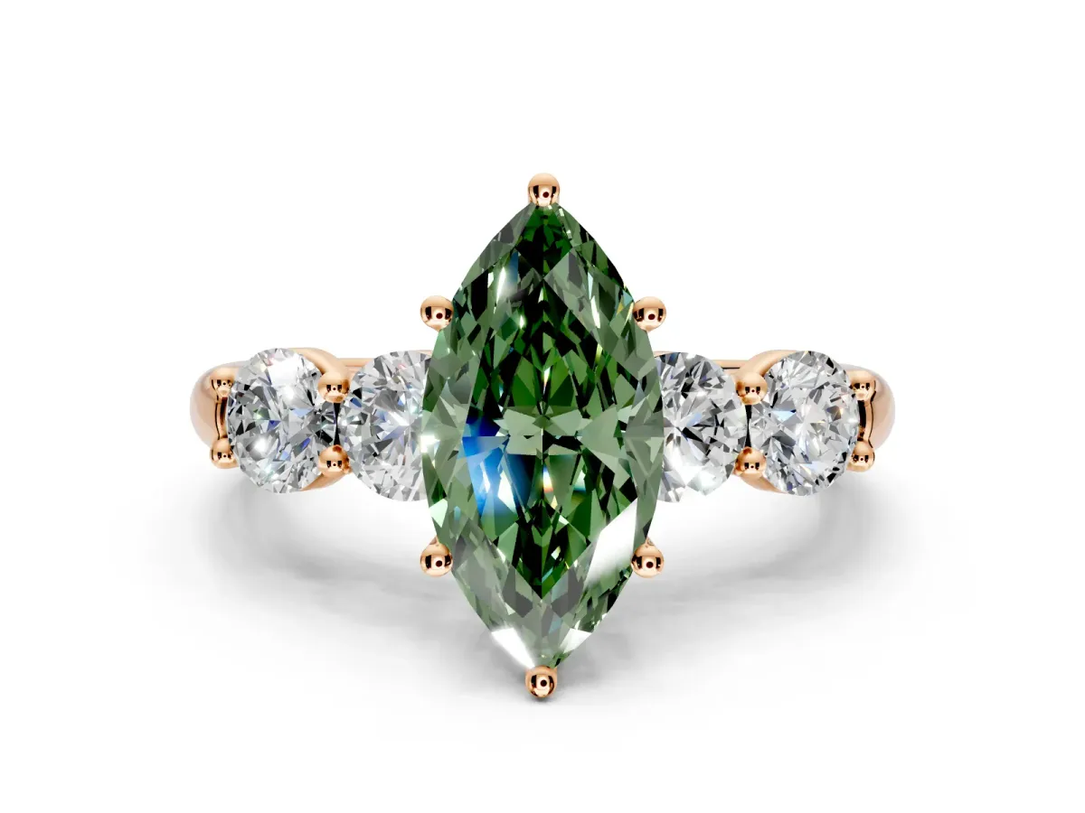 5 Stone Engagement Ring Setting for Fancy Green Marquise Center with Graduated Accents and Prong Head in Rose Gold