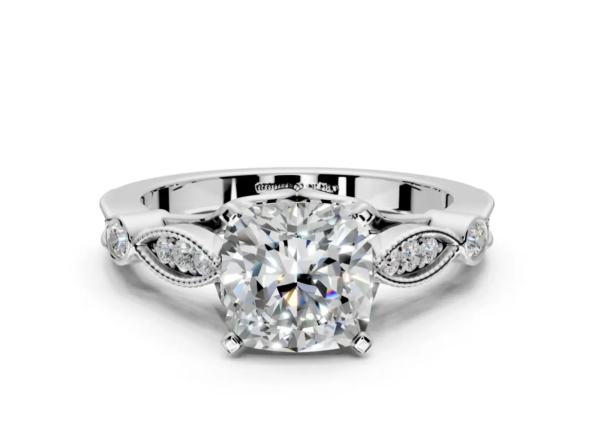 Solitaire Engagement Ring Setting for Cushion Cut Center with Marquise and Bezel Accents and Prong Head in Sterling Silver