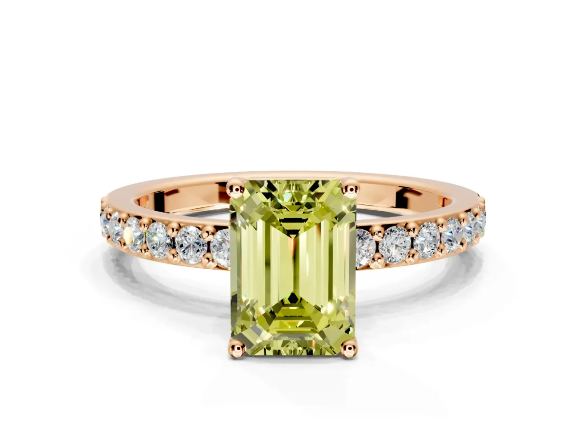 Solitaire Engagement Ring Setting for Fancy Yellow Emerald Cut Center with Round Cut Pave Band and Prong Head in Rose Gold