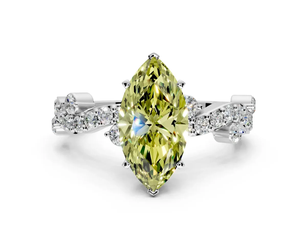 Solitaire Engagement Ring Setting for Fancy Yellow Marquise Center with Bar-Station Pave Twist and Prong Head in Sterling Silver