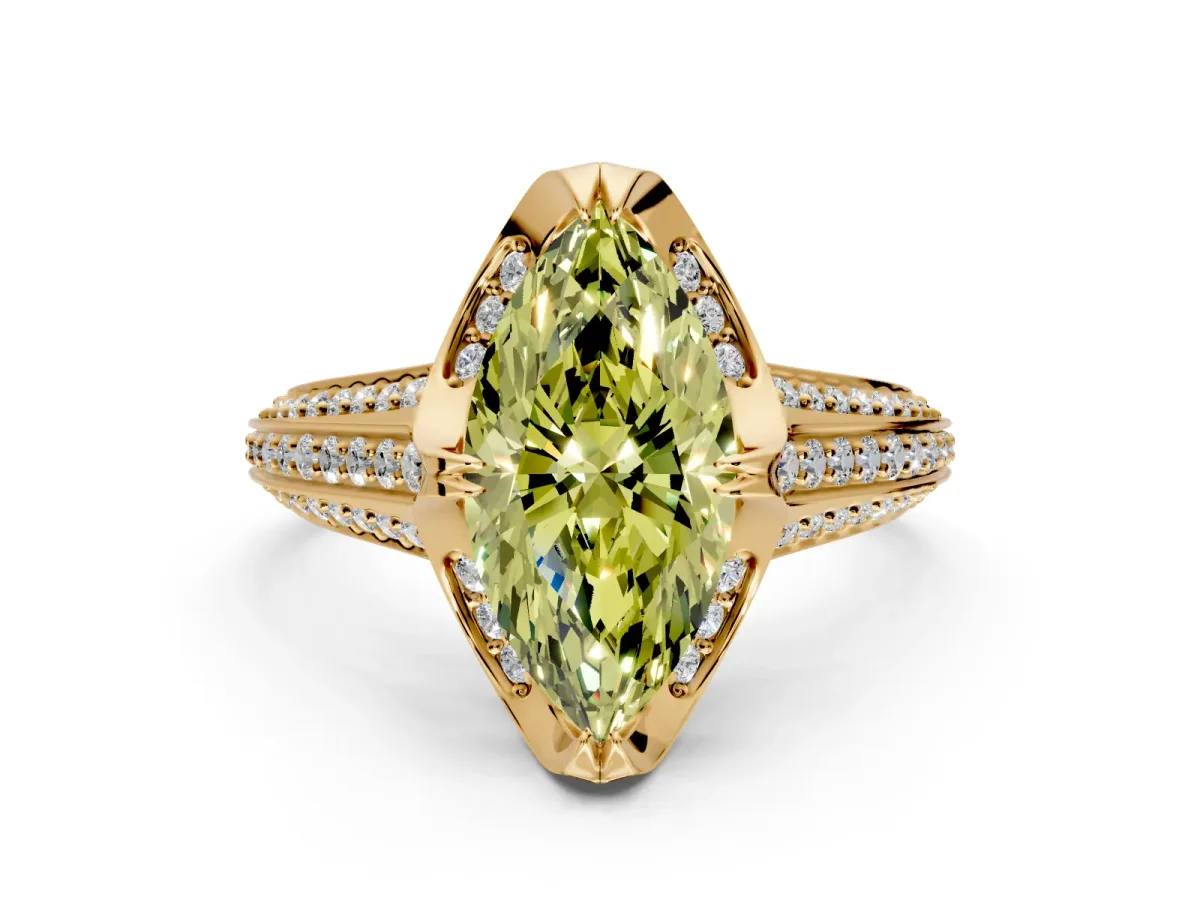 Solitaire Engagement Ring Setting for Fancy Yellow Marquise Center with Accented Split Shank and Prong Head in Yellow Gold