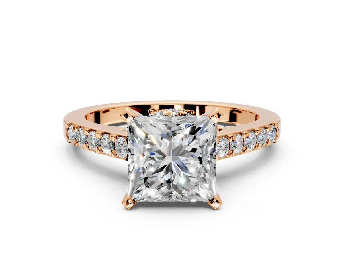 Solitaire Engagement Ring Setting for Princess Cut Center with Crossover Accents and Prong Head in Rose Gold