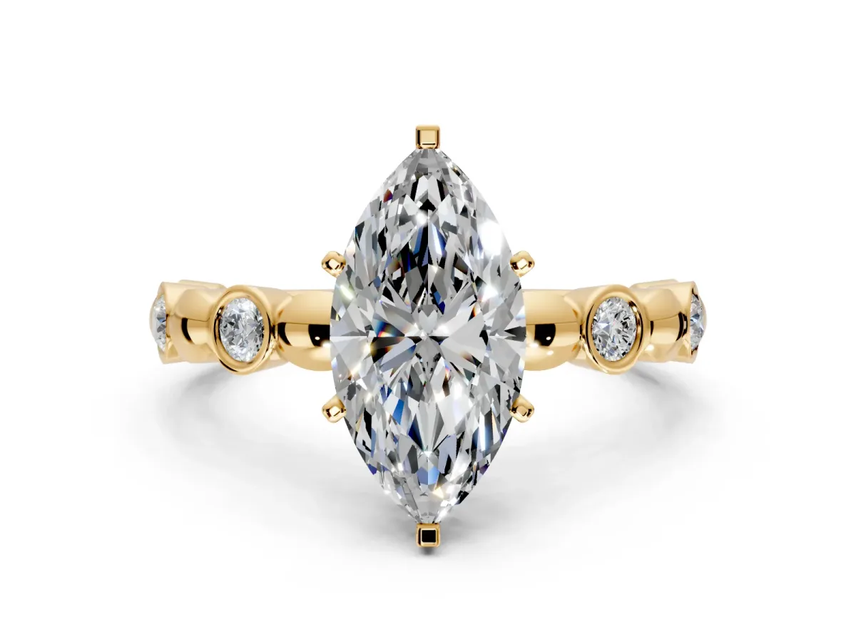 Solitaire Engagement Ring Setting for Marquise Center with Beaded Bezel Station Band and Prong Head in Yellow Gold
