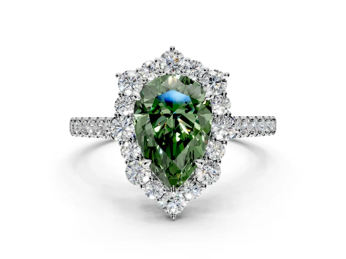 Halo Engagement Ring Setting for Fancy Green Pear-Shaped Center with Single-Row Pave, Open Basket and Prong Head in Platinum