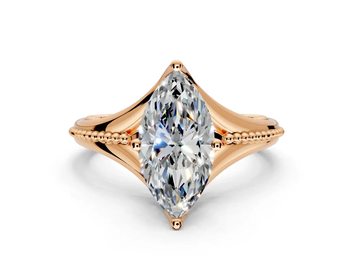 Solitaire Engagement Ring Setting for Marquise Center with Milgrain Cathedral Band and Prong Head in Rose Gold