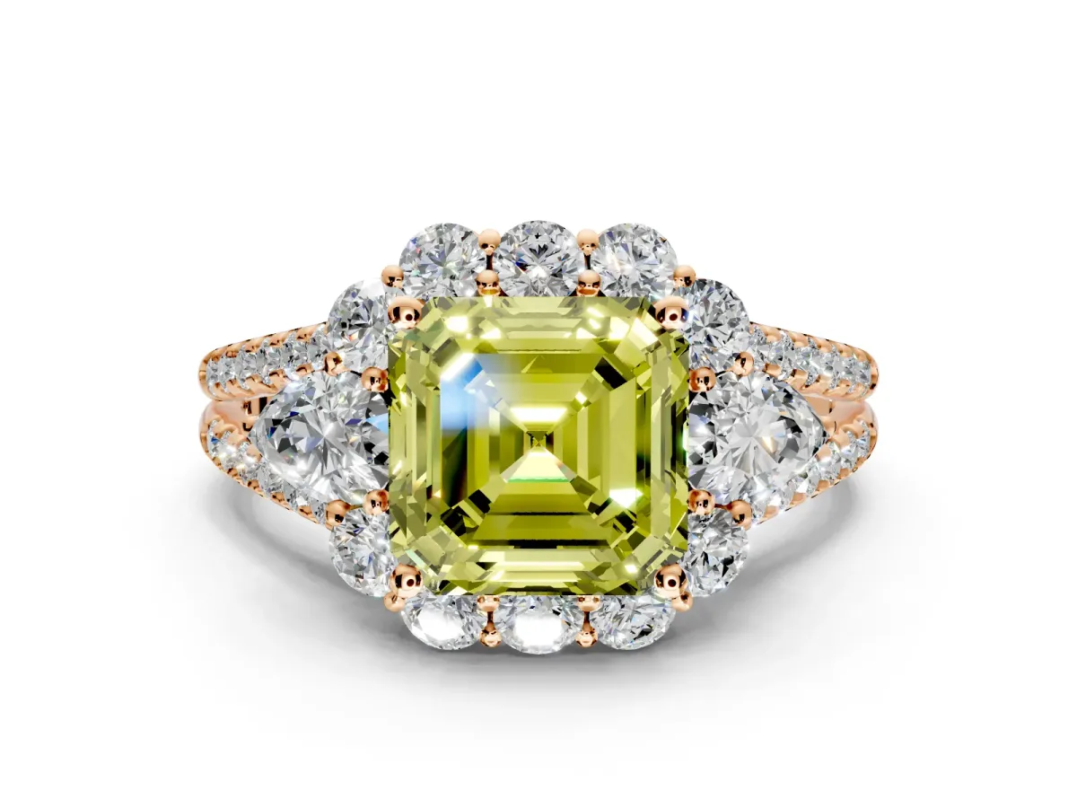 Halo Engagement Ring Setting for Fancy Yellow Asscher Cut Center with Two-Strand Split Shank and Prong Head in Rose Gold