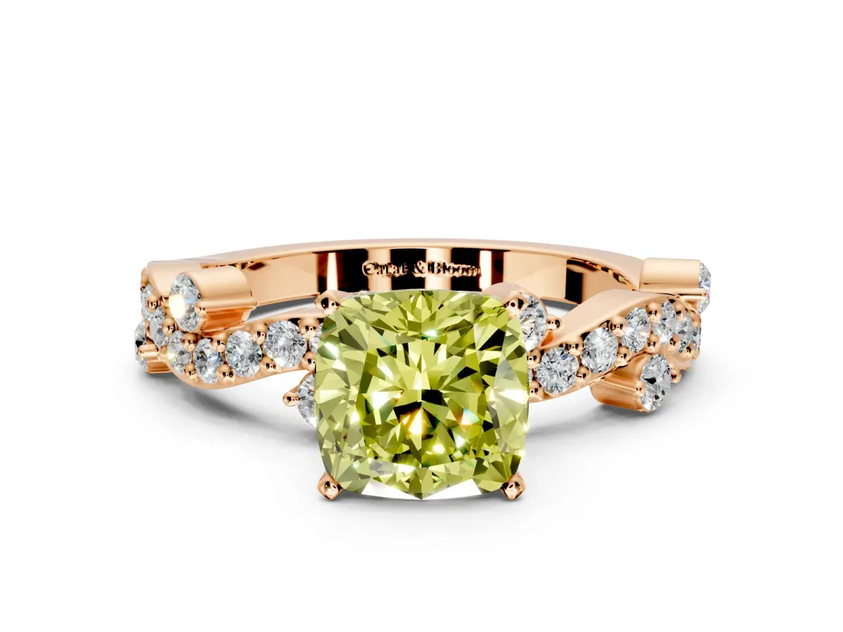 Solitaire Engagement Ring Setting for Fancy Yellow Cushion Cut Center with Bar-Station Pave Twist and Prong Head in Rose Gold