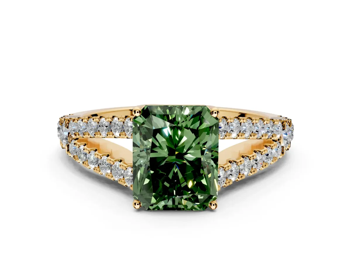 Solitaire Engagement Ring Setting for Fancy Green Radiant Cut Center with Pave Split Shank and Prong Head in Yellow Gold