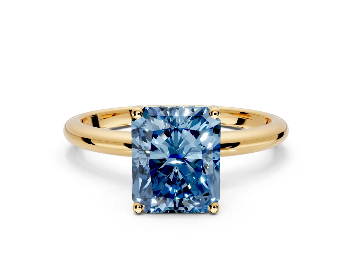 Hidden Halo Engagement Ring Setting for Fancy Blue Radiant Cut Center with Thin Round-Wire Band and Prong Head in Yellow Gold