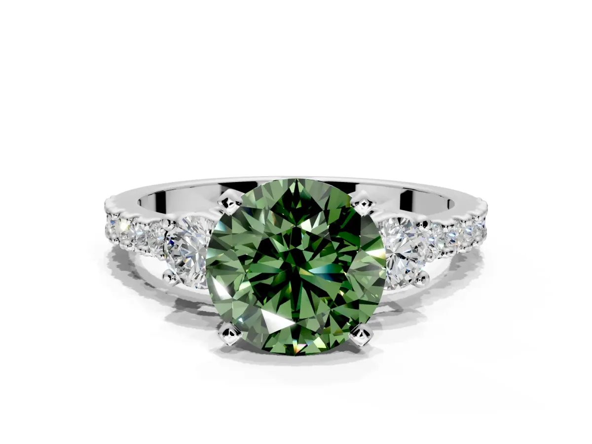 3 Stone Engagement Ring Setting for Fancy Green Round Cut Center with Round Cut Side Accents and Prong Head in Platinum