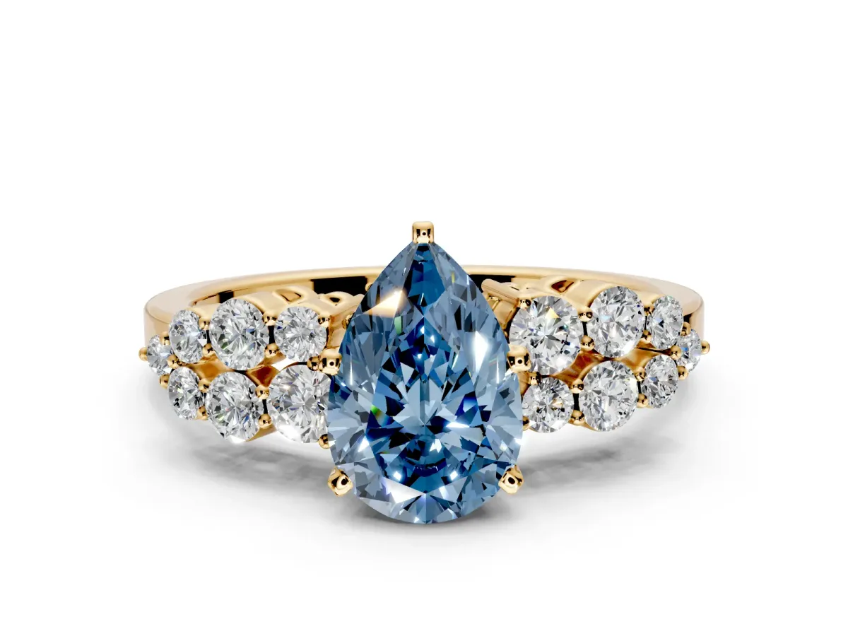 Cluster Engagement Ring Setting for Fancy Blue Pear-Shaped Center with 2-Row Shoulder Clusters and Prong Head in Yellow Gold