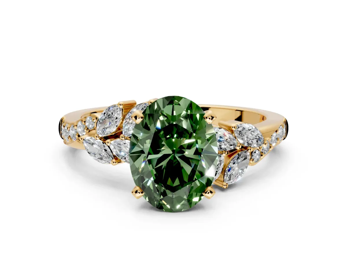 Solitaire Engagement Ring Setting for Fancy Green Oval Center with Marquise Accent Twist Band and Prong Head in Yellow Gold