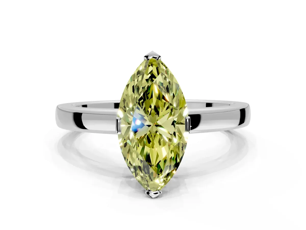 Solitaire Engagement Ring Setting for Fancy Yellow Marquise Center with Plain Band and Flat Tab Prong Head in White Gold