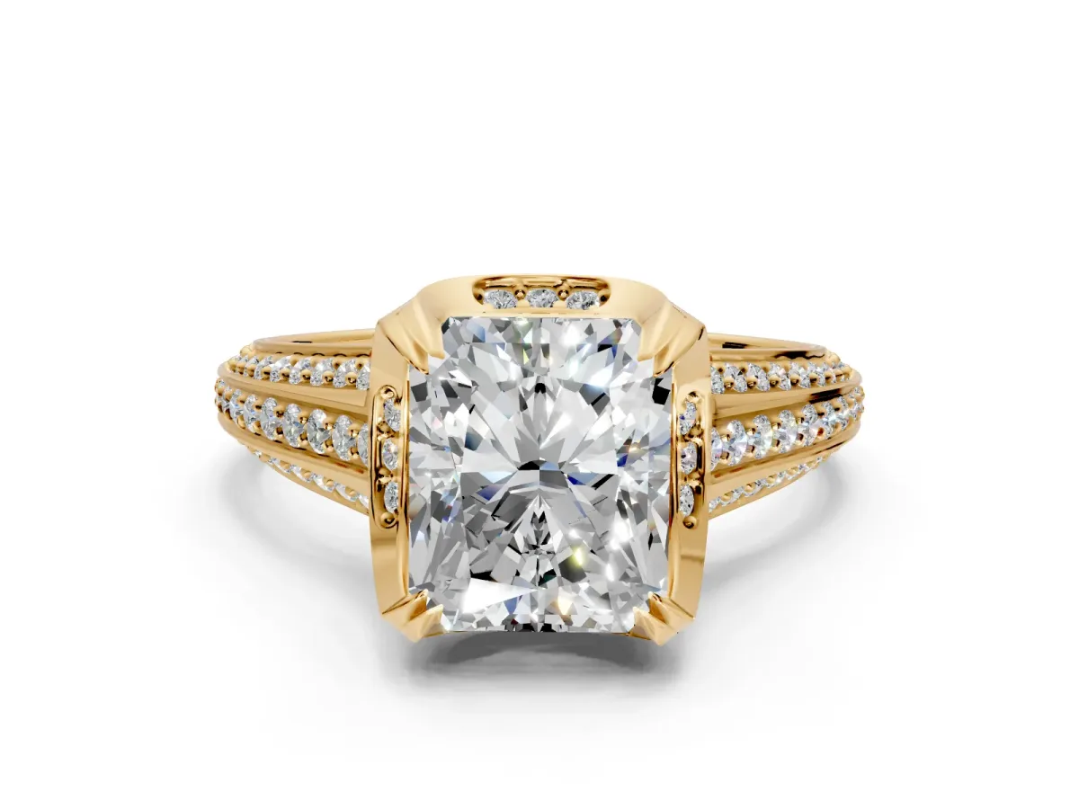 Solitaire Engagement Ring Setting for Radiant Cut Center with Accented Split Shank and Prong Head in Yellow Gold