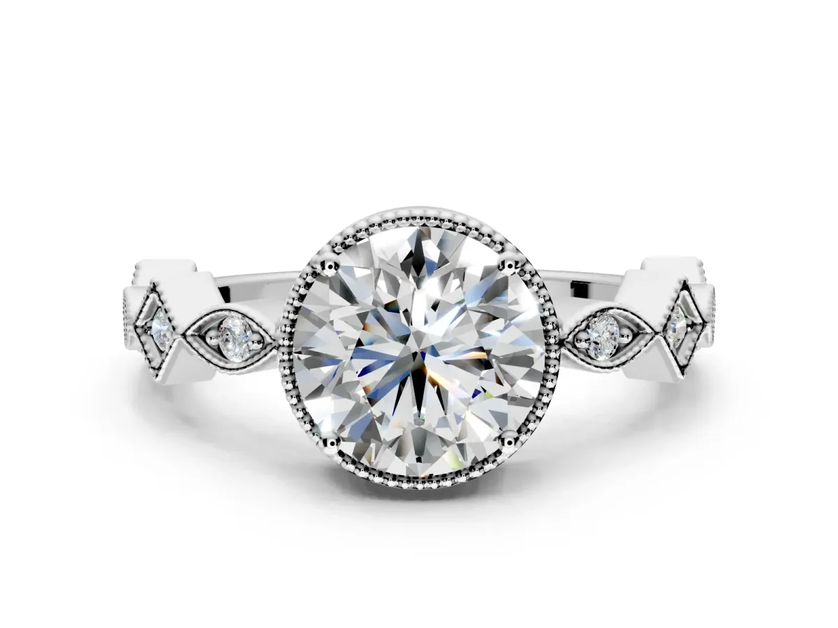 Milgrain Bezel Engagement Ring Setting for Round Cut Center with Marquise Stations and Bezel Head in White Gold