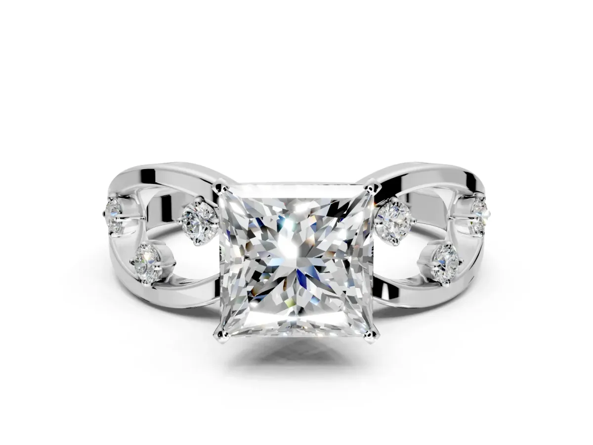 Solitaire Engagement Ring Setting for Princess Cut Center with Criss-Cross Accent Band and Prong Head in Sterling Silver