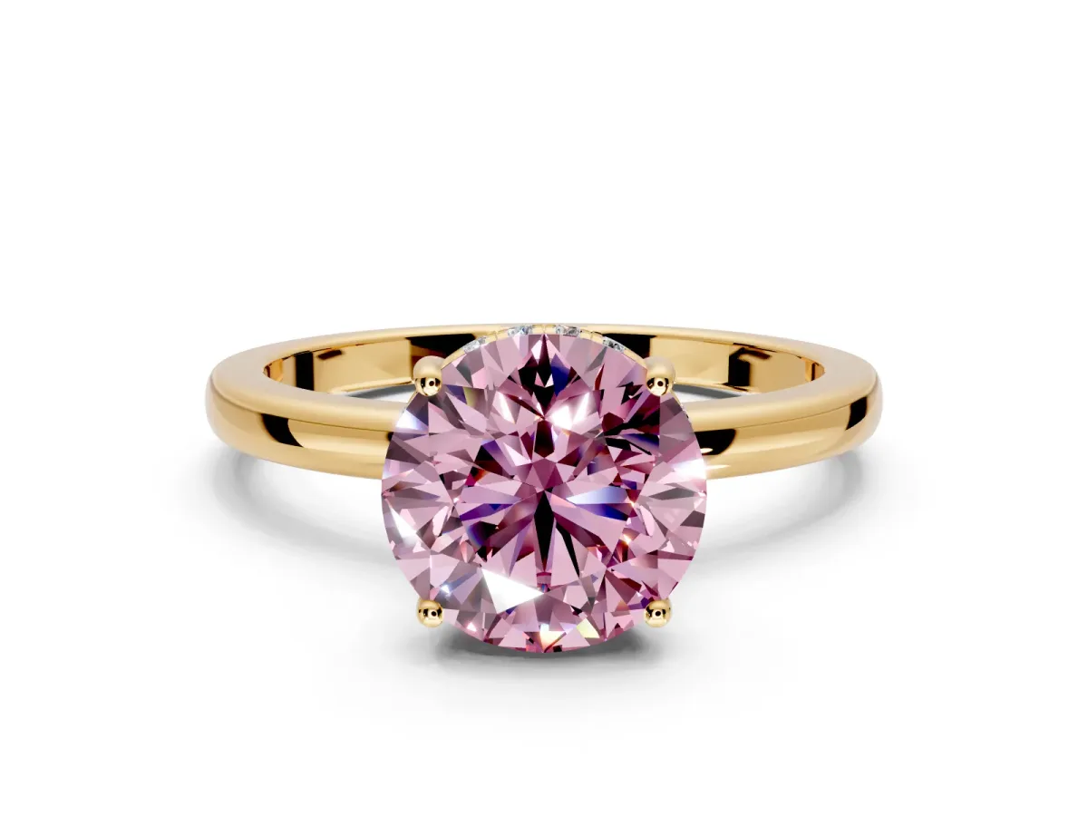 Solitaire Engagement Ring Setting for Fancy Pink Round Cut Center with Fine Wire Band and Prong Head in Yellow Gold