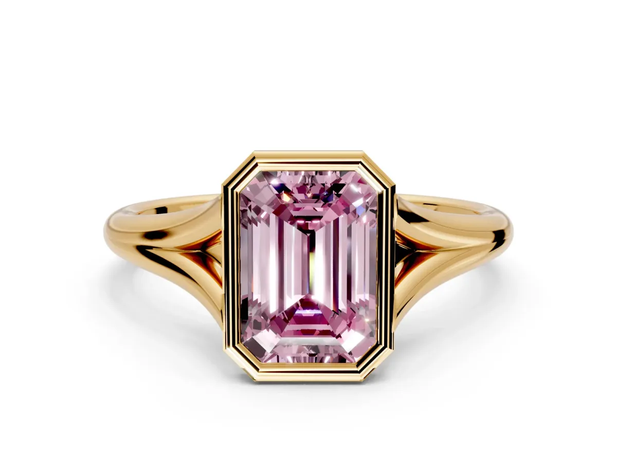 Solitaire Engagement Ring Setting for Fancy Pink Emerald Cut Center with V Split Shank and Bezel Head in Yellow Gold