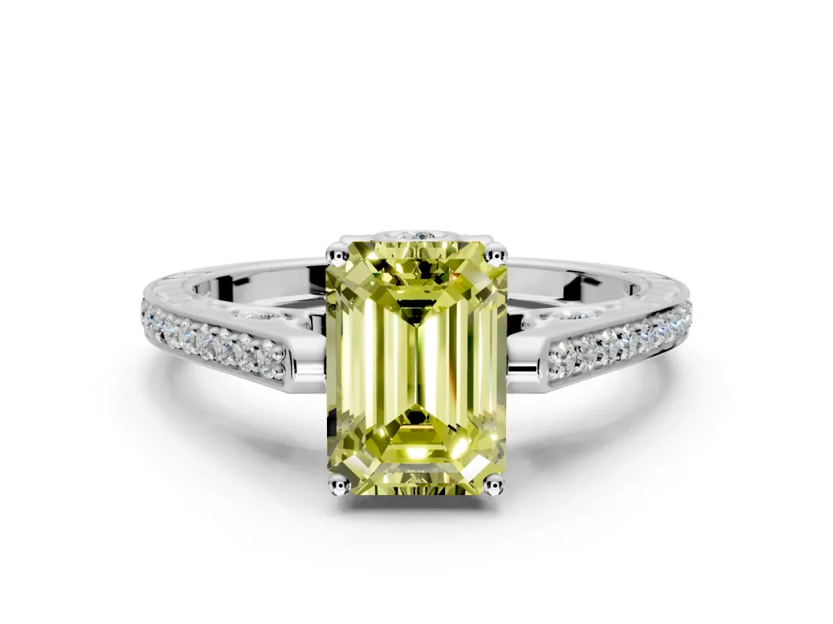 Cathedral Engagement Ring Setting for Fancy Yellow Emerald Cut Center with Antique-Style Pave Band and Prong Head in White Gold