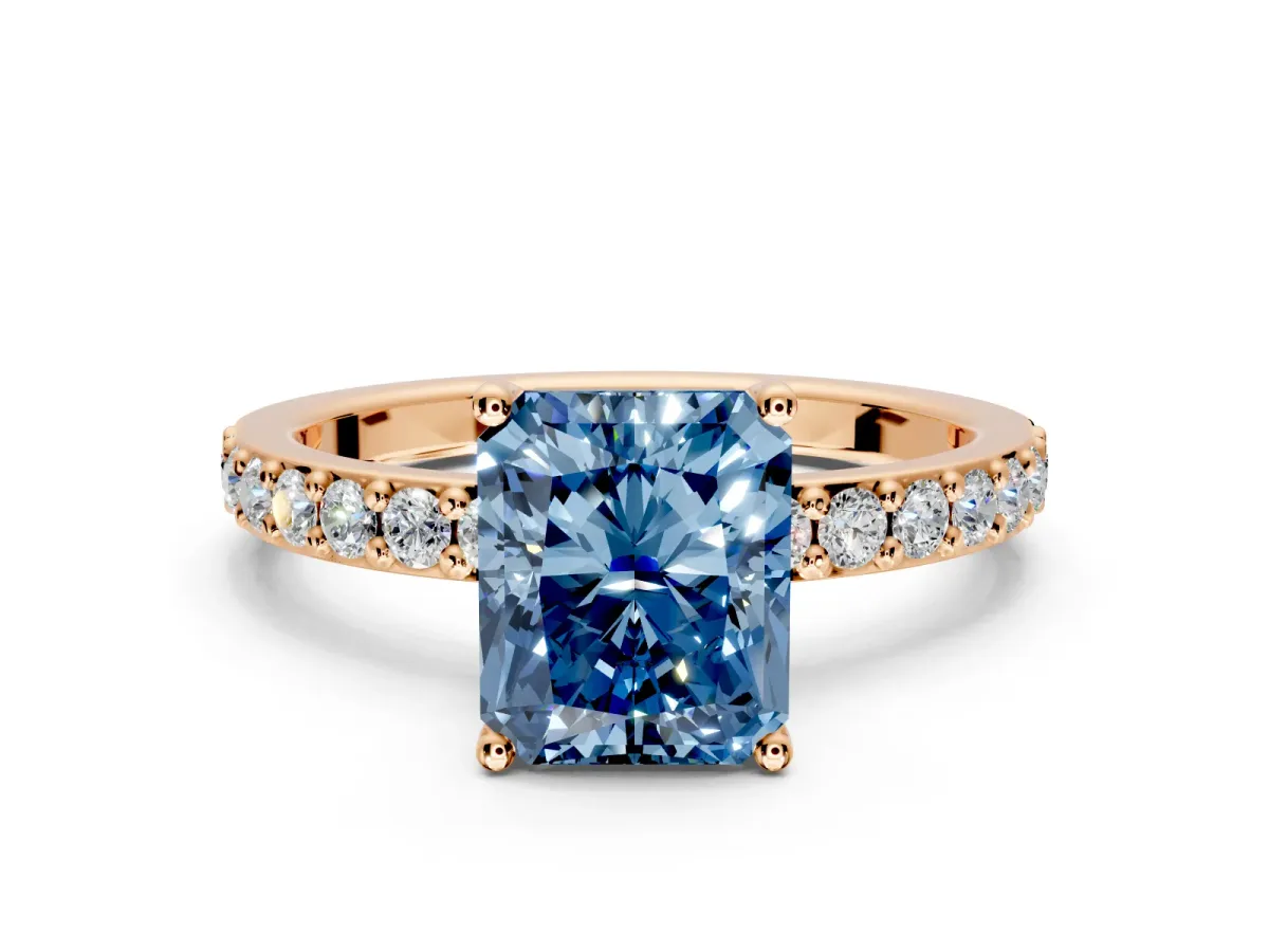 Solitaire Engagement Ring Setting for Fancy Blue Radiant Cut Center with Round Cut Pave Band and Prong Head in Rose Gold