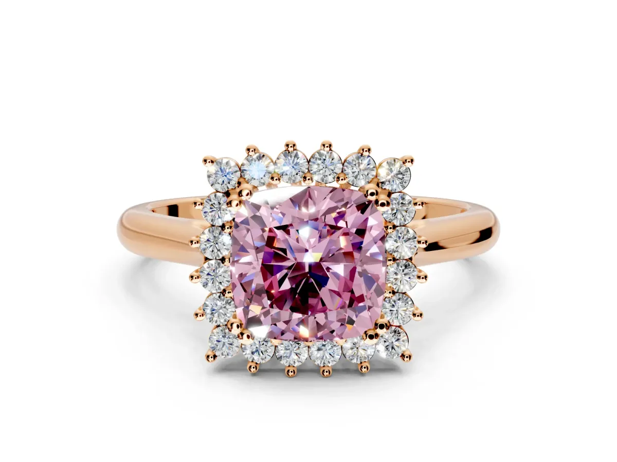 Starburst Halo Engagement Ring Setting for Fancy Pink Cushion Cut Center with Thin Round-Wire Band and Prong Head in Rose Gold