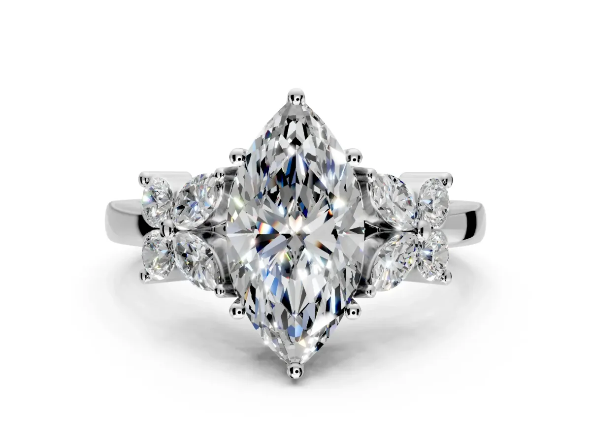 Floral Engagement Ring Setting for Marquise Center with Marquise Cluster Shoulders and Prong Head in White Gold