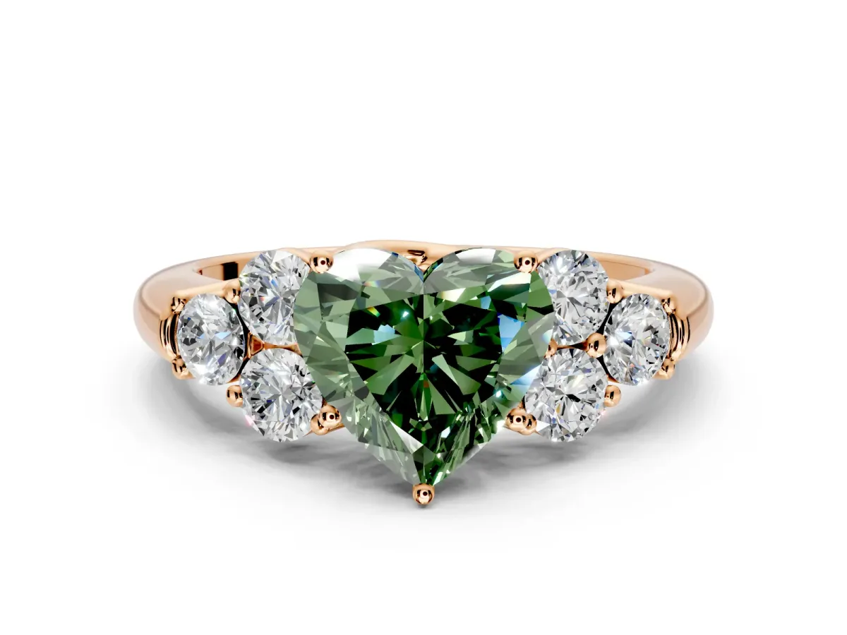 Cluster Engagement Ring Setting for Fancy Green Heart-Shaped Center with Round Cut Accent Frame and Prong Head in Rose Gold
