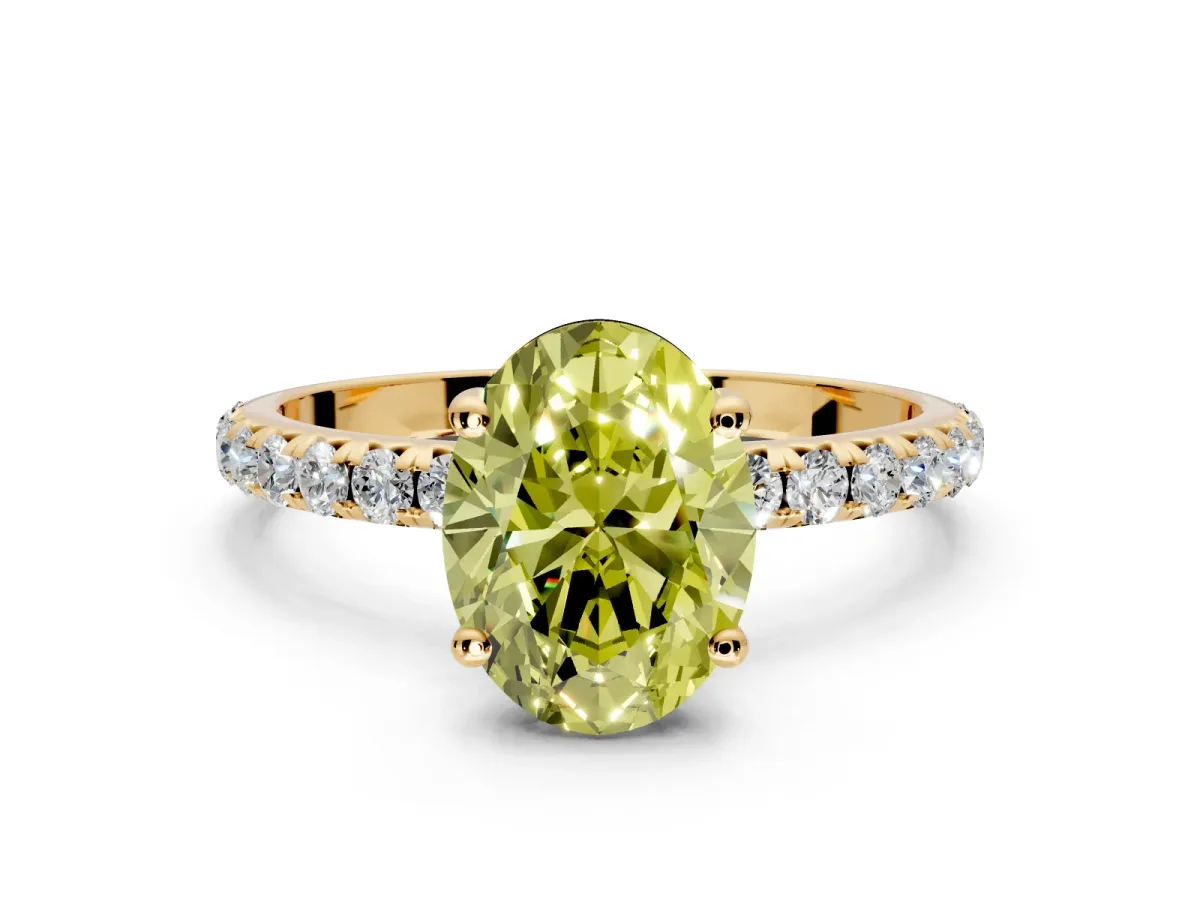 Solitaire Engagement Ring Setting for Fancy Yellow Oval Center with Micro Pave Band and Prong Head in Yellow Gold