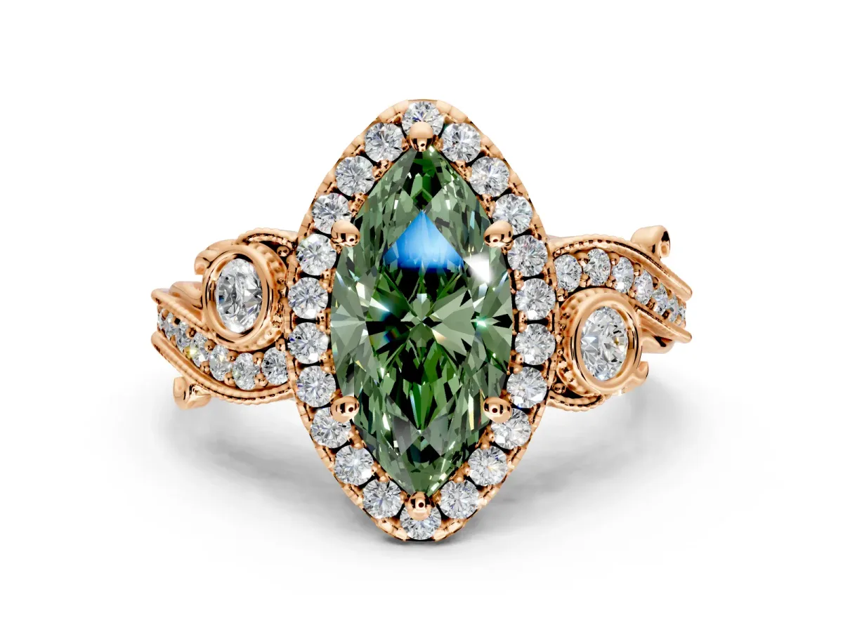 Milgrain Halo Engagement Ring Setting for Fancy Green Marquise Center with Shoulder Bezels and Prong Head in Rose Gold