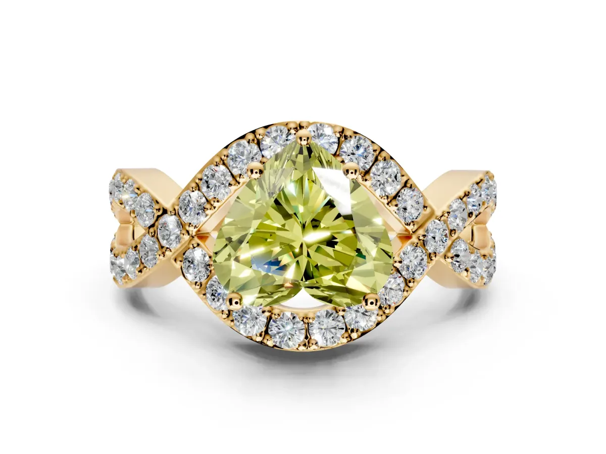 Halo Engagement Ring Setting for Fancy Yellow Heart-Shaped Center with Pave Infinity Twist Band and Prong Head in Yellow Gold