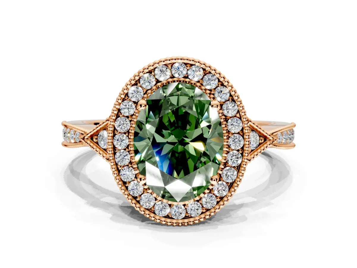 Halo Engagement Ring Setting for Fancy Green Oval Center with Milgrain Rim, Pave Band and Prong Head in Rose Gold